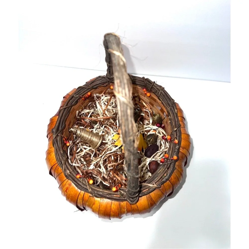 Rustic Woven Wood Pumpkin Basket Fall Harvest Decor with Grapevine Handle 14.5in